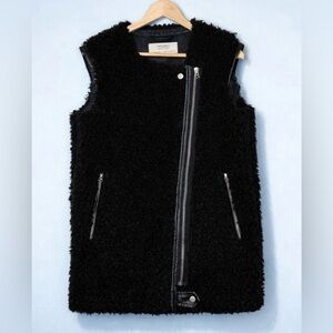 Zara Basic Black Teddy Moto Vest Faux Shearling Zip Vest Medium
